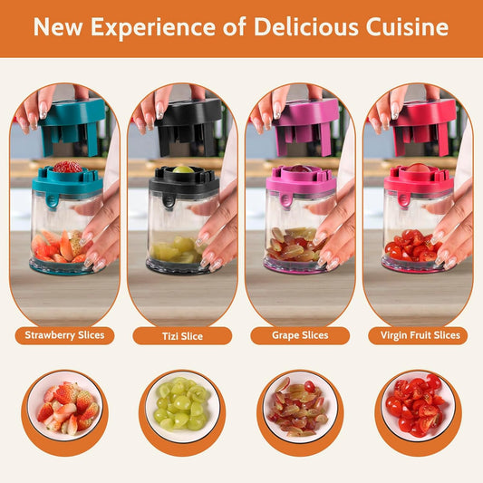 Fruit Slicer Cup, Strawberries,Grapes, Eggs, Cucumber carrot Even Pieces in Seconds - Detachable Cutter with Push Plate (Black)