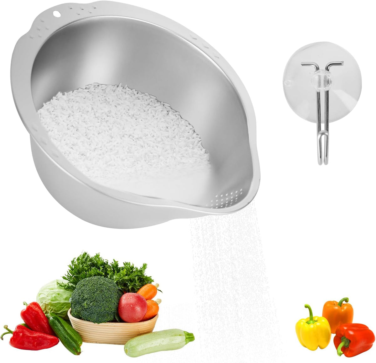 Rice Washer Strainer Bowl- 4-in-1 Washing Bowl for Quinoa,Stainless Steel Rinser With Side Drainers Small Colander for Cleaning Fruits, Vegetables, and Beans - Versatile Kitchen Tool