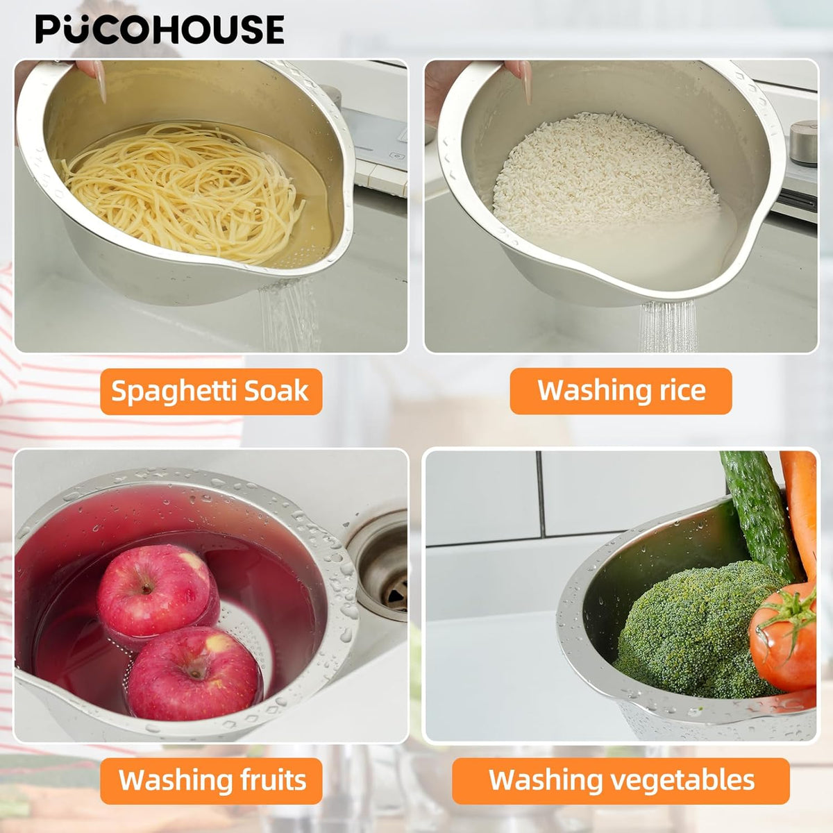 Rice Washer Strainer Bowl- 4-in-1 Washing Bowl for Quinoa,Stainless Steel Rinser With Side Drainers Small Colander for Cleaning Fruits, Vegetables, and Beans - Versatile Kitchen Tool