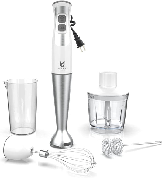 Immersion Hand Blender with chopper - Puree Baby Food, Sauce & Soup | 8-speed, Pure Copper Winding Motor, 5.2 feet power cord, 4-point Ice crush blade, 500ml chopper, 600ml vessel, Whisk, Frother