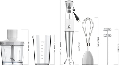Immersion Hand Blender with chopper - Puree Baby Food, Sauce & Soup | 8-speed, Pure Copper Winding Motor, 5.2 feet power cord, 4-point Ice crush blade, 500ml chopper, 600ml vessel, Whisk, Frother