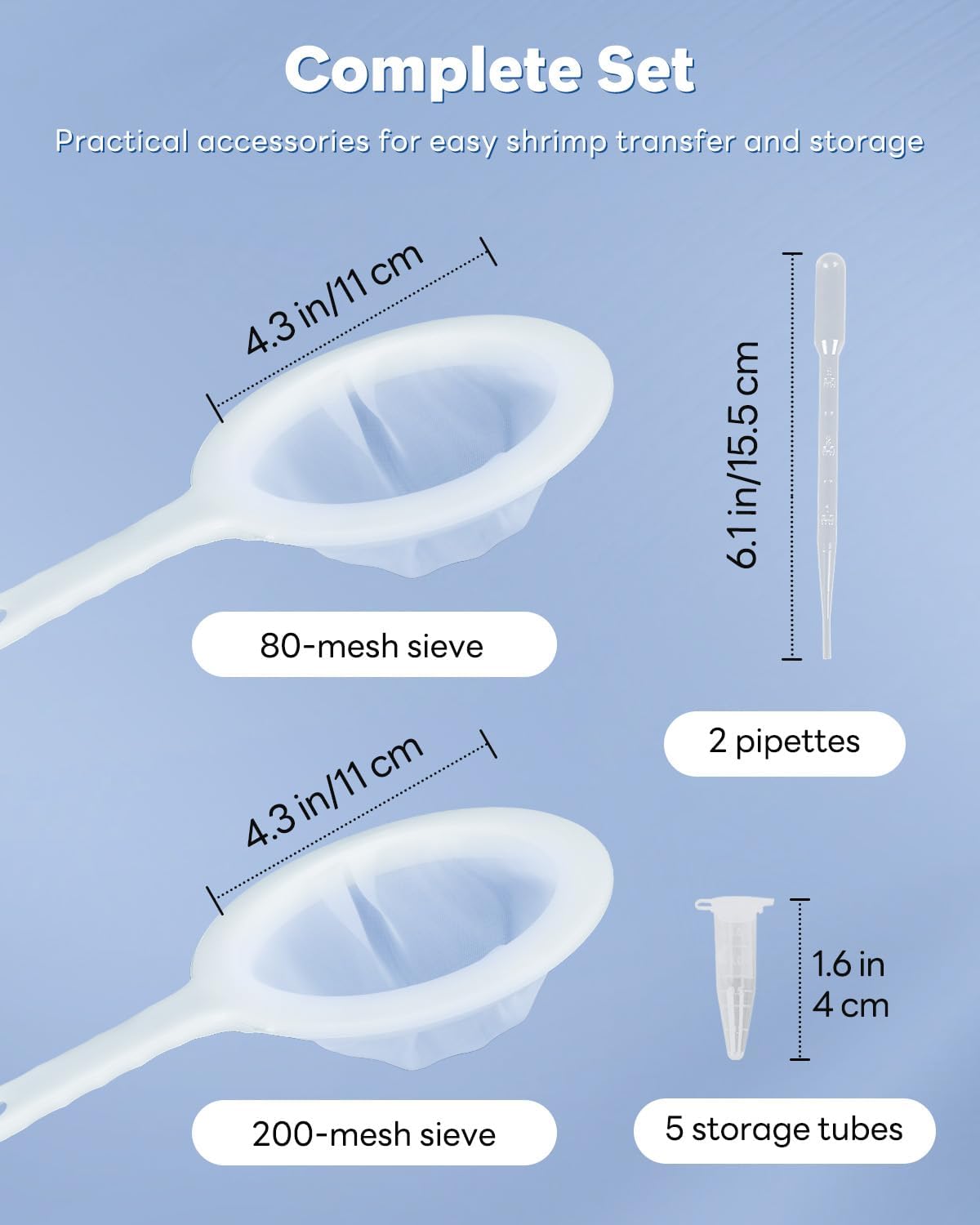 Brine Shrimp Net Kit- 80 & 200 Mesh Sieve for Hatchery, Fine Artemia with 2 Pipettes and 5 Storage Tubes, Dense Mesh Collecting Net with Handle