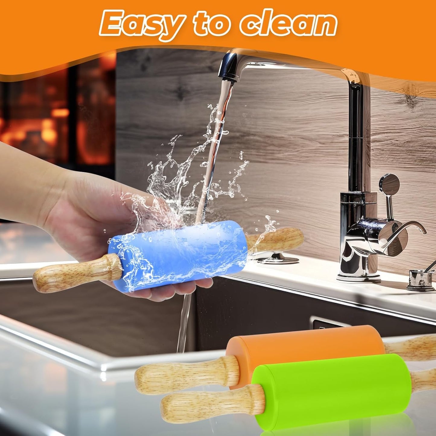 Mini Rolling Pin for Kids, 9 Inch Wooden Handle Rolling Pin Non-Stick Silicone Rolling Pins for Children Cake Baking