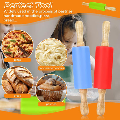 Mini Rolling Pin for Kids, 9 Inch Wooden Handle Rolling Pin Non-Stick Silicone Rolling Pins for Children Cake Baking