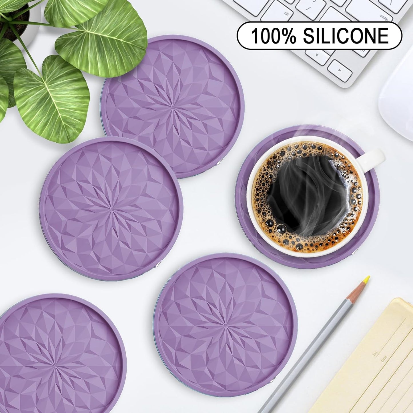 Silicone Coasters with Holder,[6 Pack] Drinking Coasters - Cup Mat for Hot or Cold Drinks, Thickened, Non-Slip, Non-Stick,Deep Tray Black