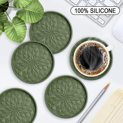 Silicone Coasters with Holder,[6 Pack] Drinking Coasters - Cup Mat for Hot or Cold Drinks, Thickened, Non-Slip, Non-Stick,Deep Tray Black