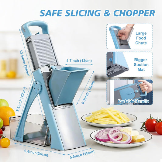 Upgraded Safety Vegetable Slicer and Chopper, Adjustable Vegetable and Food Processor, Potato and French Fry Cutter, No Blade Replacement Required, Kitchen Cutting Tool.