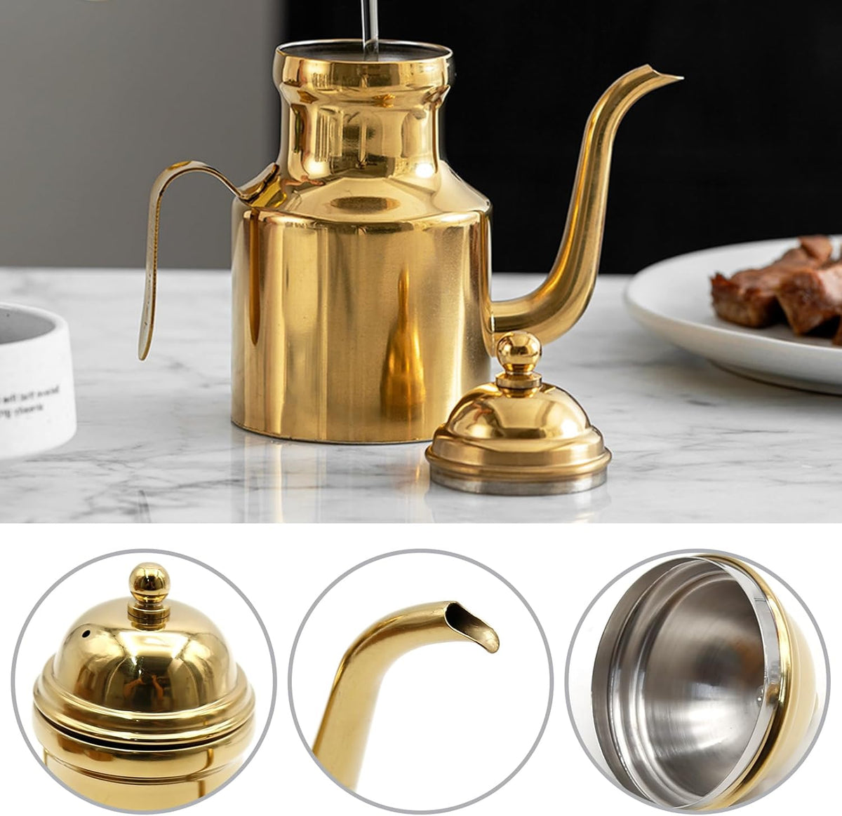 15oz Oil Dispenser， Stainless Olive Oil Dispenser,Vinegar Dispenser with Non-Slip Handle, Olive Oil Can for Kitchen Cooking Restaurant BBQ (Gold)
