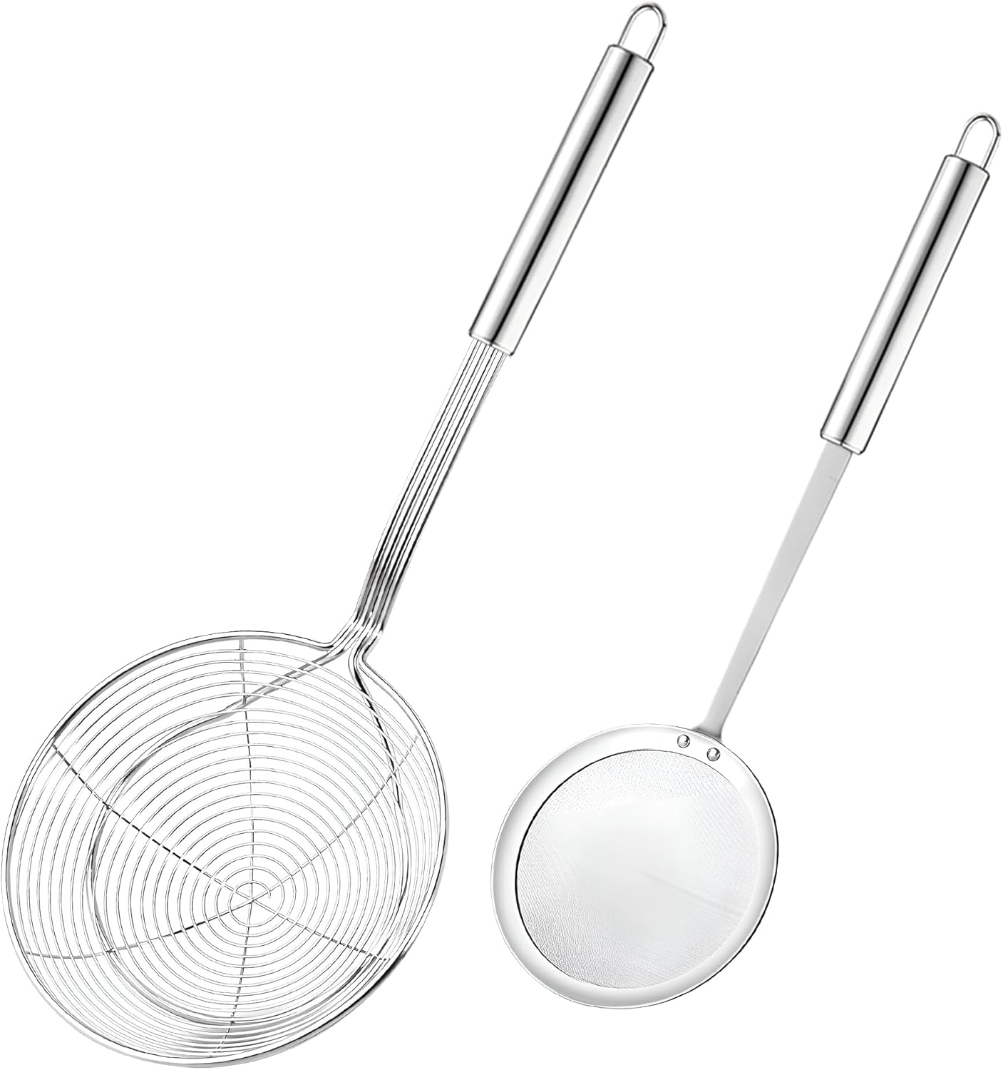 Set of 5.5 Inch Stainless Steel Asian Spider Strainer and 4 Inch Fine Mesh Skimmer Wire Scoop Food Fryer Spoon to Drain Pasta Deep Fry Skimmer Oil