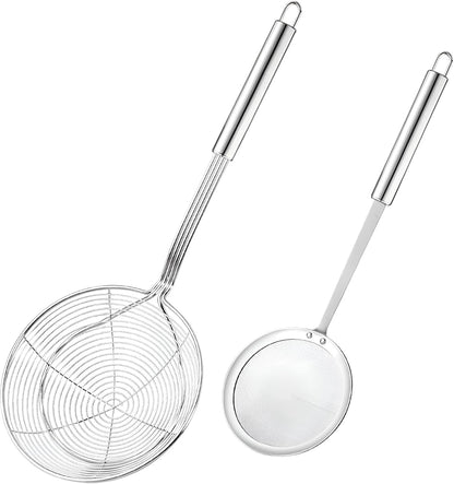 Set of 5.5 Inch Stainless Steel Asian Spider Strainer and 4 Inch Fine Mesh Skimmer Wire Scoop Food Fryer Spoon to Drain Pasta Deep Fry Skimmer Oil