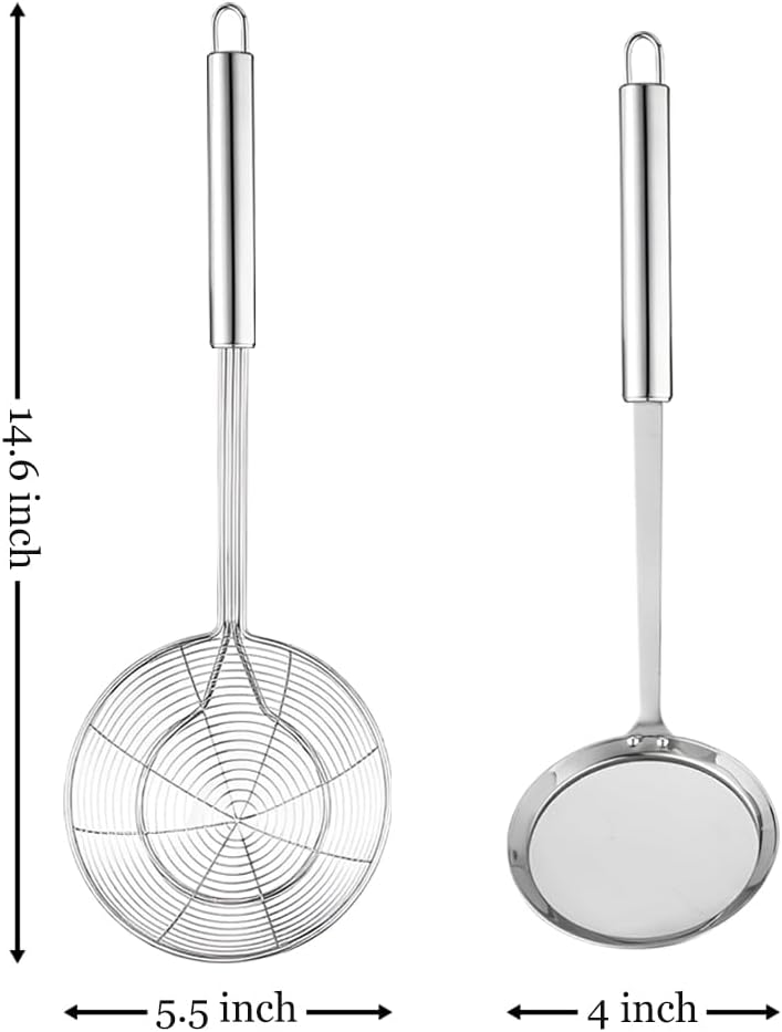 Set of 5.5 Inch Stainless Steel Asian Spider Strainer and 4 Inch Fine Mesh Skimmer Wire Scoop Food Fryer Spoon to Drain Pasta Deep Fry Skimmer Oil