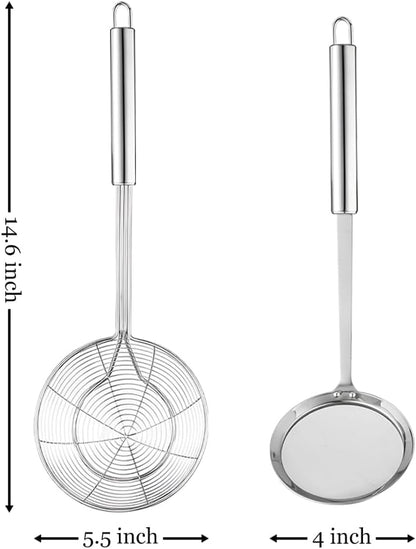 Set of 5.5 Inch Stainless Steel Asian Spider Strainer and 4 Inch Fine Mesh Skimmer Wire Scoop Food Fryer Spoon to Drain Pasta Deep Fry Skimmer Oil