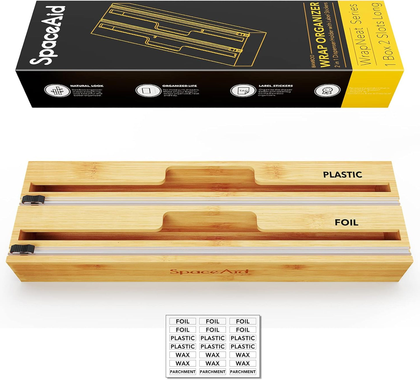 2 in 1 Long Wrap Dispenser (Need 3" Deep Drawer) with Cutter, Plastic Wrap, Aluminum Foil Dispenser for Kitchen Drawer, Bamboo Roll Organizer Holder, Compatible with 15" Roll