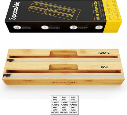 2 in 1 Long Wrap Dispenser (Need 3" Deep Drawer) with Cutter, Plastic Wrap, Aluminum Foil Dispenser for Kitchen Drawer, Bamboo Roll Organizer Holder, Compatible with 15" Roll