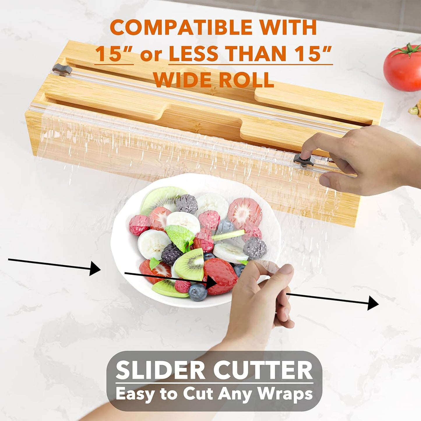 2 in 1 Long Wrap Dispenser (Need 3" Deep Drawer) with Cutter, Plastic Wrap, Aluminum Foil Dispenser for Kitchen Drawer, Bamboo Roll Organizer Holder, Compatible with 15" Roll