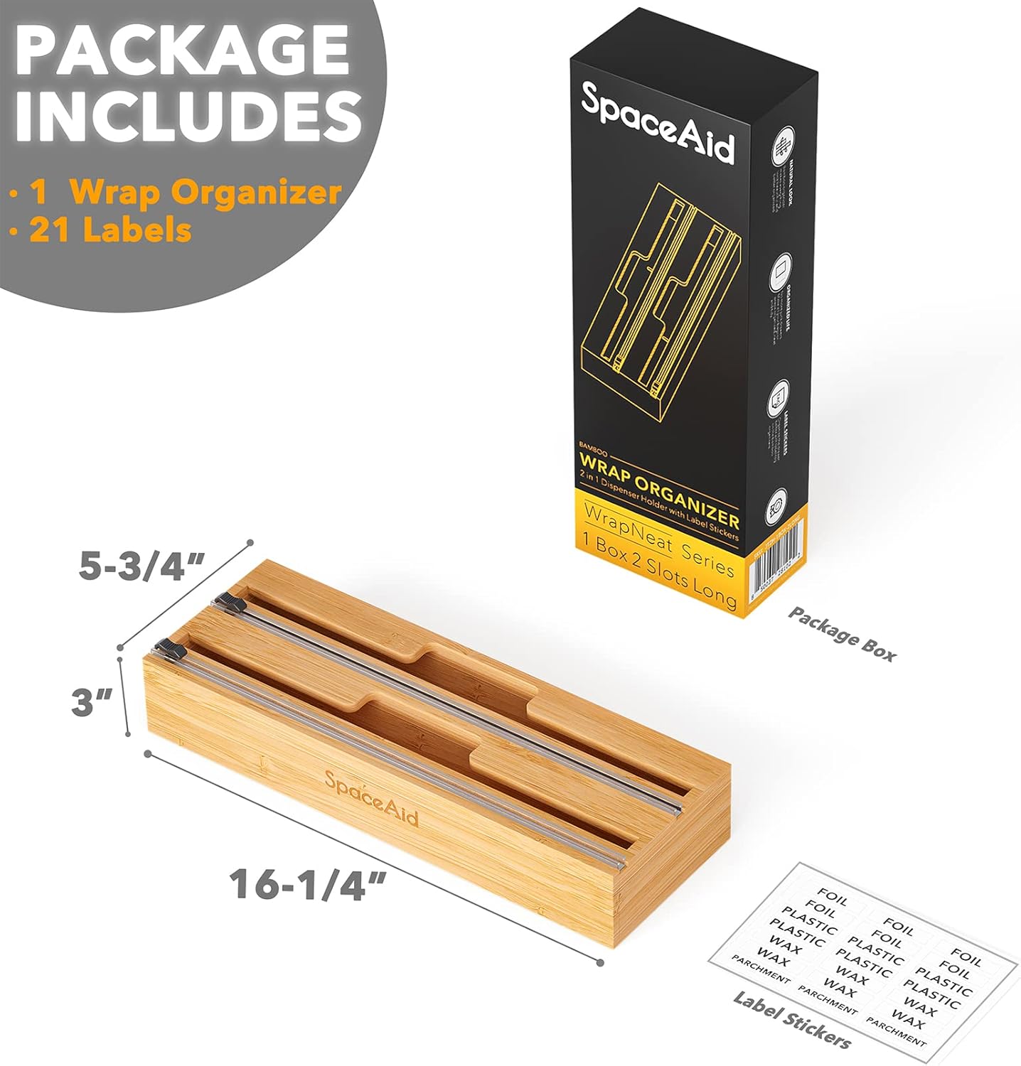 2 in 1 Long Wrap Dispenser (Need 3" Deep Drawer) with Cutter, Plastic Wrap, Aluminum Foil Dispenser for Kitchen Drawer, Bamboo Roll Organizer Holder, Compatible with 15" Roll