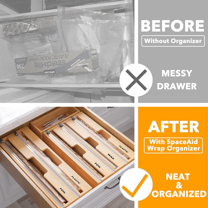 2 in 1 Long Wrap Dispenser (Need 3" Deep Drawer) with Cutter, Plastic Wrap, Aluminum Foil Dispenser for Kitchen Drawer, Bamboo Roll Organizer Holder, Compatible with 15" Roll
