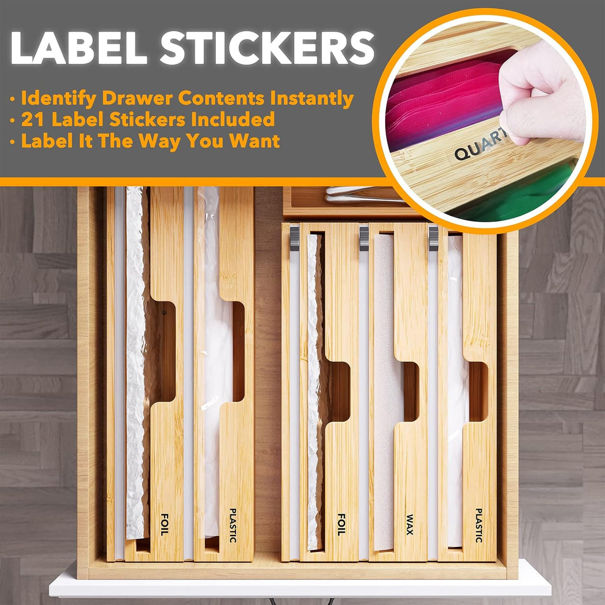 2 in 1 Long Wrap Dispenser (Need 3" Deep Drawer) with Cutter, Plastic Wrap, Aluminum Foil Dispenser for Kitchen Drawer, Bamboo Roll Organizer Holder, Compatible with 15" Roll