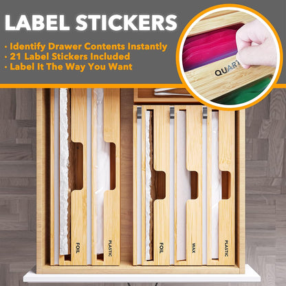 2 in 1 Long Wrap Dispenser (Need 3" Deep Drawer) with Cutter, Plastic Wrap, Aluminum Foil Dispenser for Kitchen Drawer, Bamboo Roll Organizer Holder, Compatible with 15" Roll