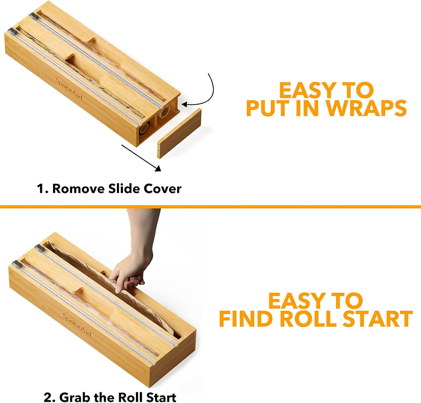2 in 1 Long Wrap Dispenser (Need 3" Deep Drawer) with Cutter, Plastic Wrap, Aluminum Foil Dispenser for Kitchen Drawer, Bamboo Roll Organizer Holder, Compatible with 15" Roll