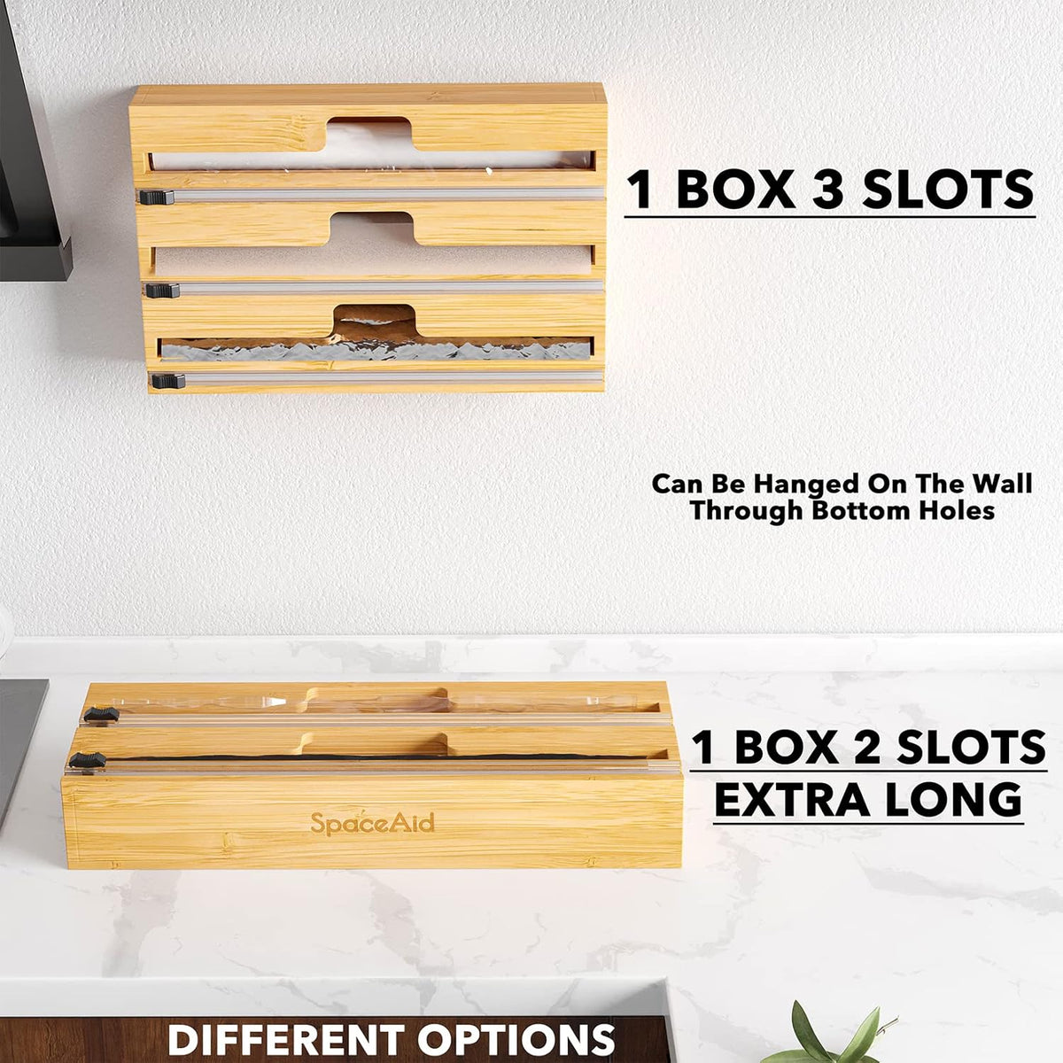 2 in 1 Long Wrap Dispenser (Need 3" Deep Drawer) with Cutter, Plastic Wrap, Aluminum Foil Dispenser for Kitchen Drawer, Bamboo Roll Organizer Holder, Compatible with 15" Roll