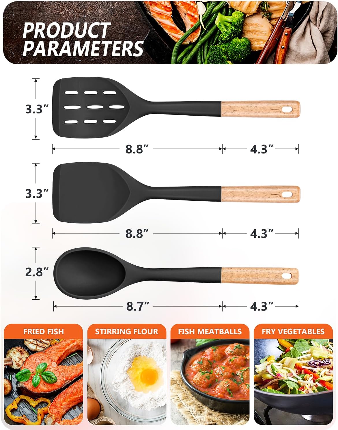 Pack of 3 Silicone Spatula, Non Stick Cooking Utensil Set, Black