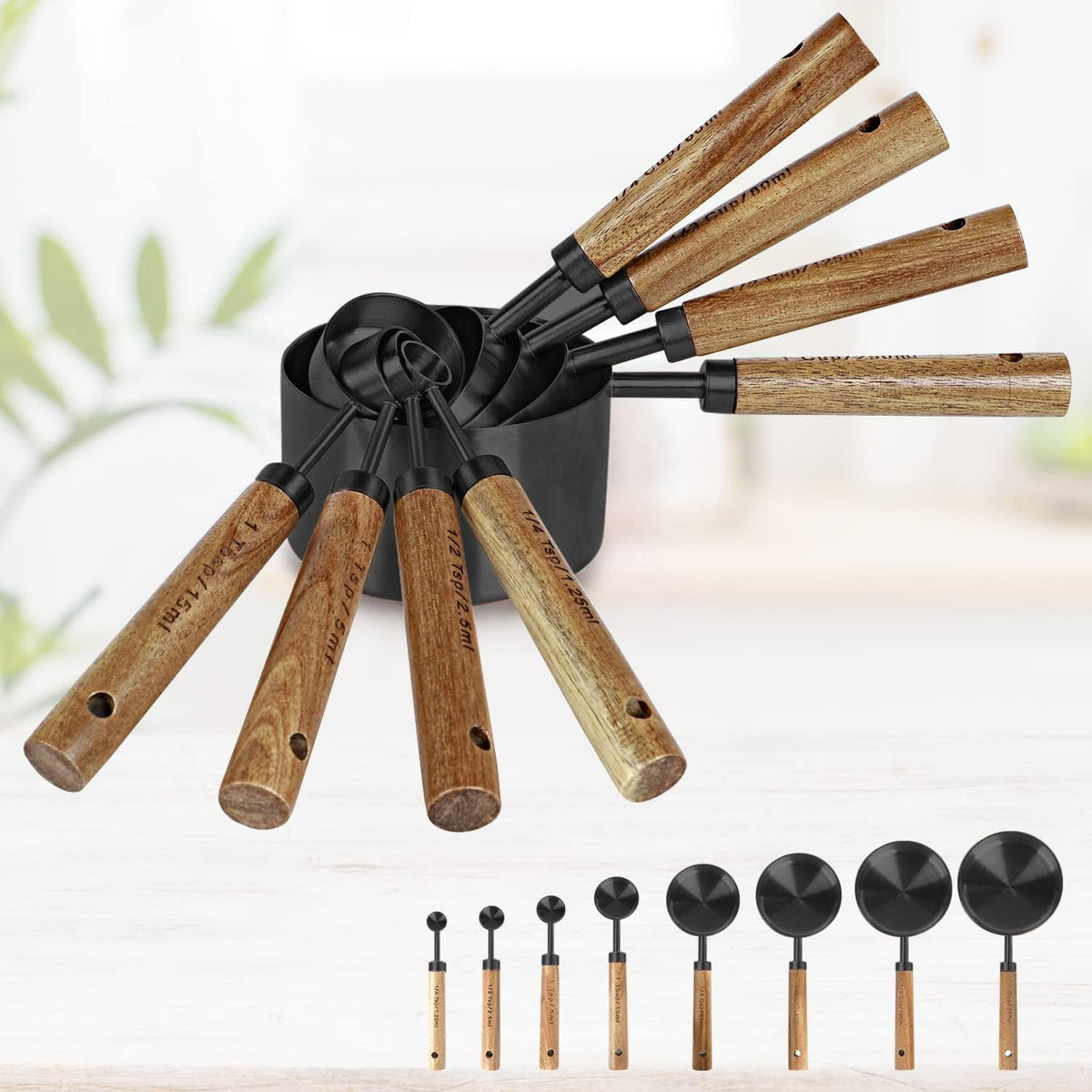 8-Piece Stainless Steel Measuring Cups and Spoons, Acacia Handles, Black