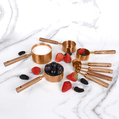 8-Piece Stainless Steel Measuring Cups and Spoons, Acacia Handles, Black