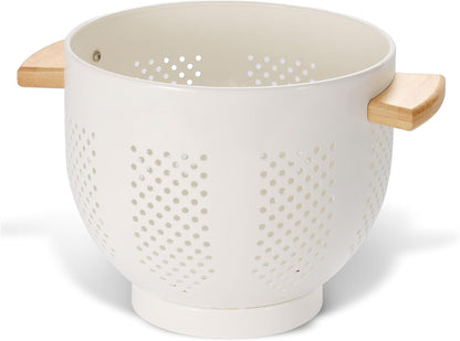 Metal Colander with Wood Handle, 5.5 Quart Powder Coated Steel Large Kitchen Strainer Stable Base,(Sand Yellow, 11.26inch)