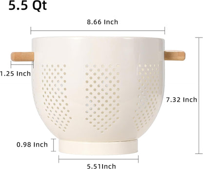 Metal Colander with Wood Handle, 5.5 Quart Powder Coated Steel Large Kitchen Strainer Stable Base,(Sand Yellow, 11.26inch)