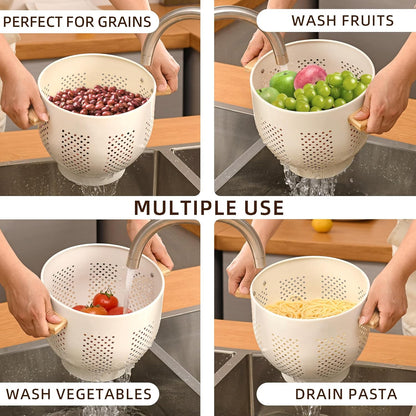 Metal Colander with Wood Handle, 5.5 Quart Powder Coated Steel Large Kitchen Strainer Stable Base,(Sand Yellow, 11.26inch)