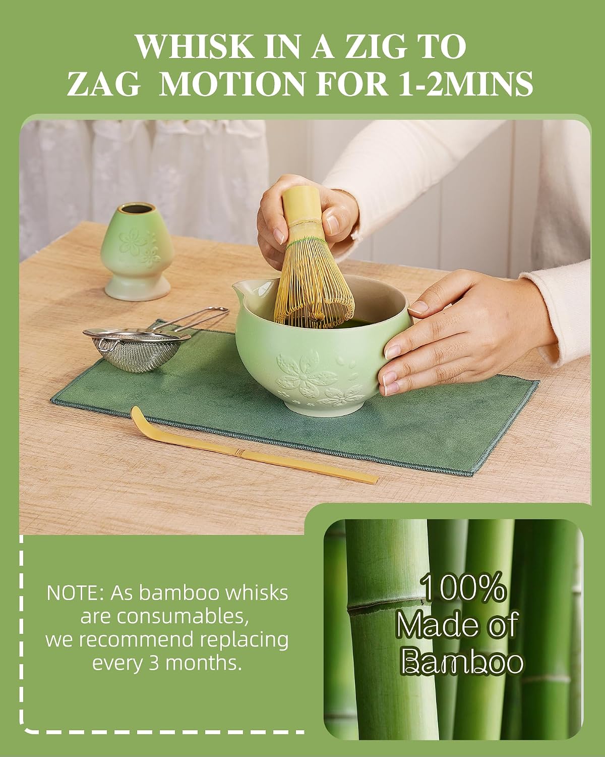 ZENS Premium Matcha Whisk Set, Matcha Kit for Matcha Latte, Green