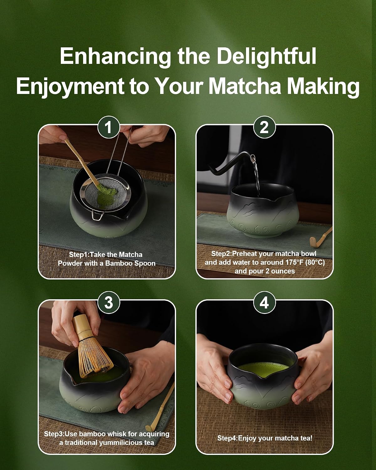 ZENS Premium Matcha Whisk Set, Matcha Kit for Matcha Latte, Green