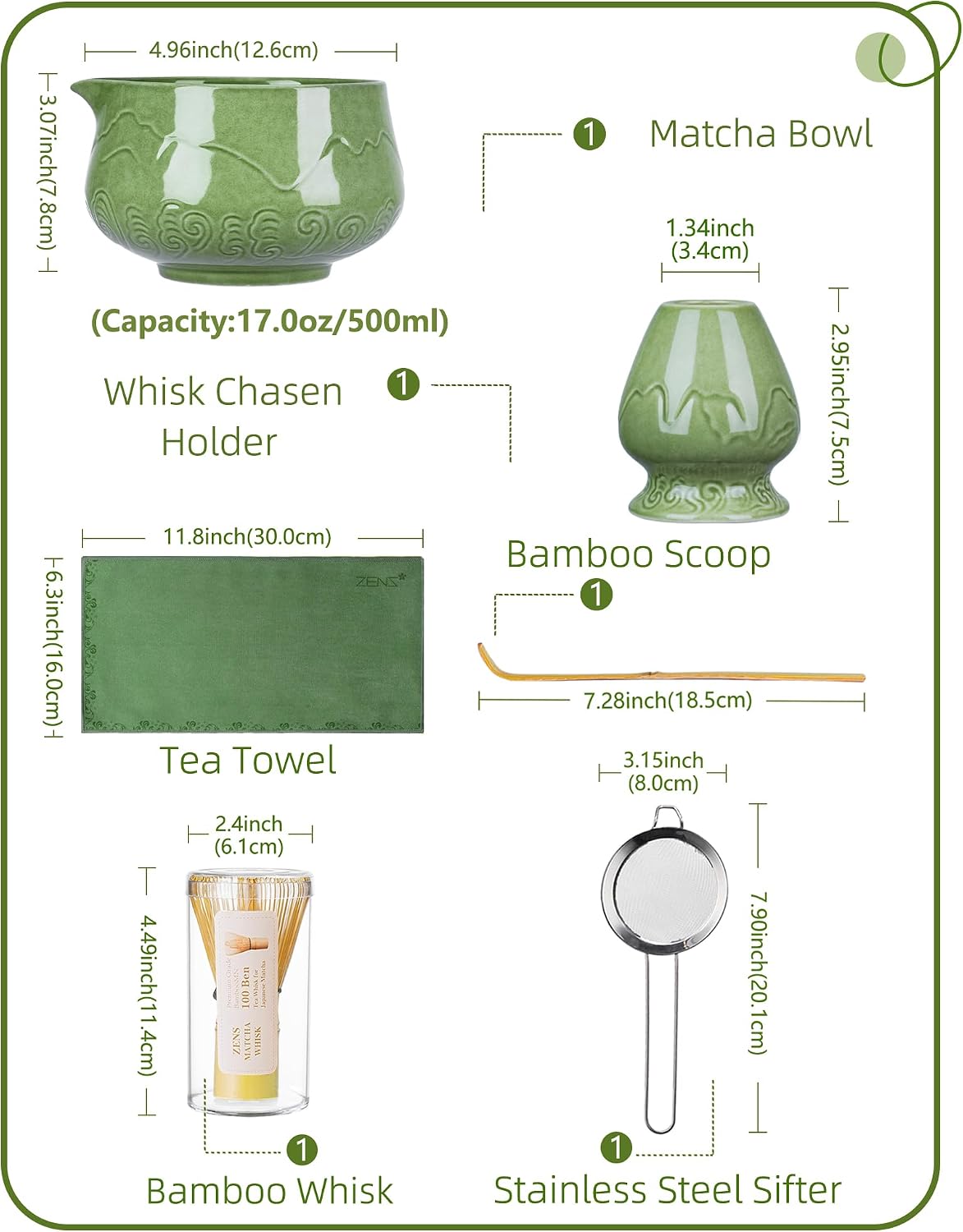 ZENS Premium Matcha Whisk Set, Matcha Kit for Matcha Latte, Green