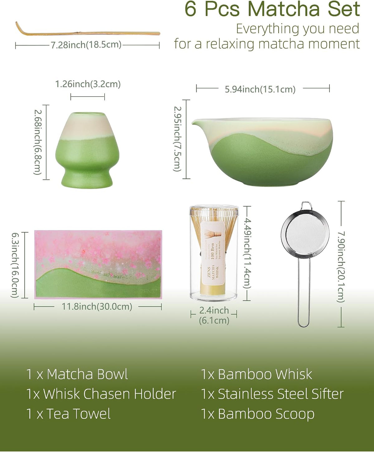 ZENS Premium Matcha Whisk Set, Matcha Kit for Matcha Latte, Green