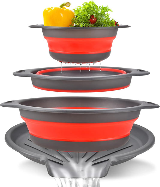 Collapsible Colander Set with Over-Sink Water Draining Base, 3-Pack Foldable Kitchen Strainers for Vegetables Fruit and Pasta