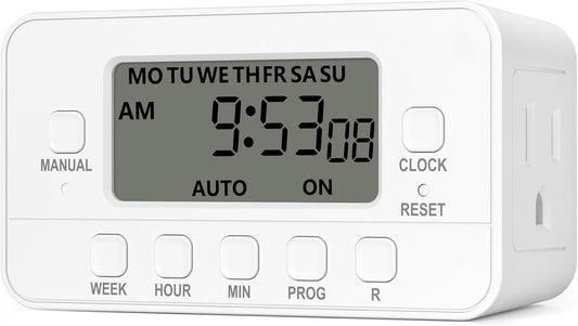 7-Day Heavy Duty Digital Timer with Dual Outlet, LCD Display, 3-Prong Programmable Design, for Lights, Fans, Coffee Machine, Home, Kitchen, Office, Indoor Use, 125V 15A 1875W, 1 Pack