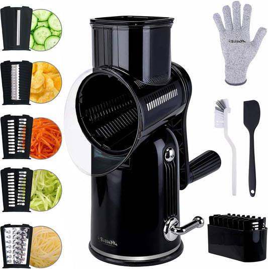 Rotary Cheese Grater with Handle, 5-Blade Cheese Shredder, BPA-Free (Black) | Cheese Grater Hand Crank Slices, Shreds & Grates – Features Strong Suction Base, Stainless-Steel Blades & Easy Clean-Up