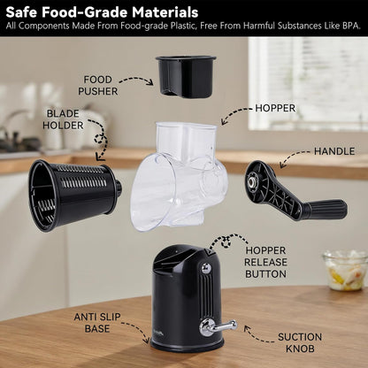 Rotary Cheese Grater with Handle, 5-Blade Cheese Shredder, BPA-Free (Black) | Cheese Grater Hand Crank Slices, Shreds & Grates – Features Strong Suction Base, Stainless-Steel Blades & Easy Clean-Up
