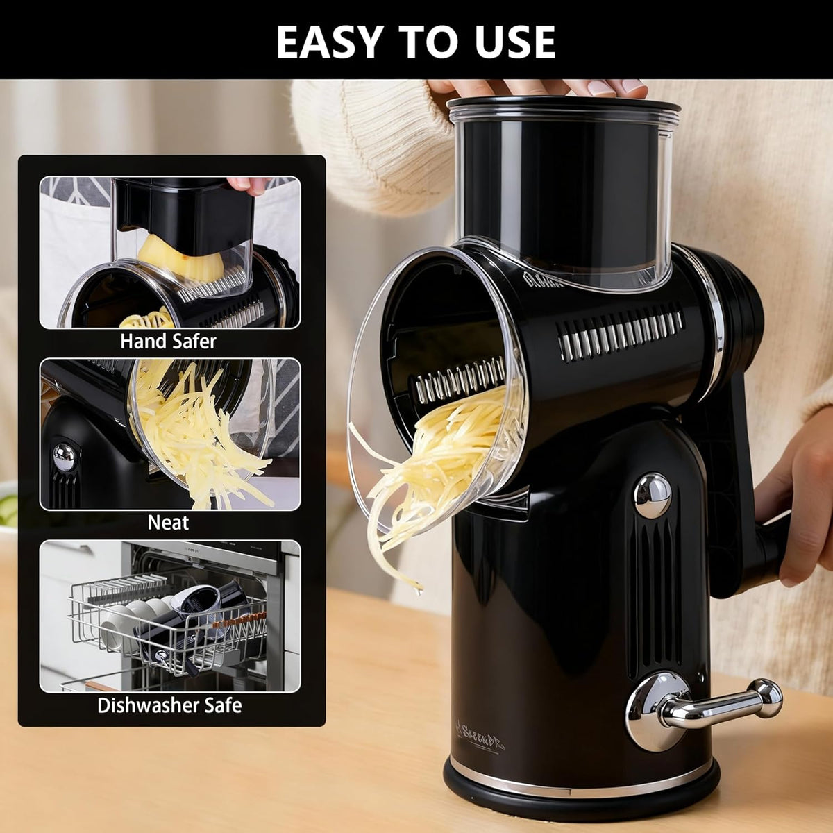 Rotary Cheese Grater with Handle, 5-Blade Cheese Shredder, BPA-Free (Black) | Cheese Grater Hand Crank Slices, Shreds & Grates – Features Strong Suction Base, Stainless-Steel Blades & Easy Clean-Up