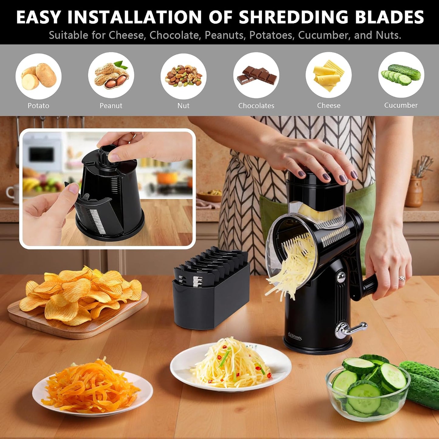 Rotary Cheese Grater with Handle, 5-Blade Cheese Shredder, BPA-Free (Black) | Cheese Grater Hand Crank Slices, Shreds & Grates – Features Strong Suction Base, Stainless-Steel Blades & Easy Clean-Up