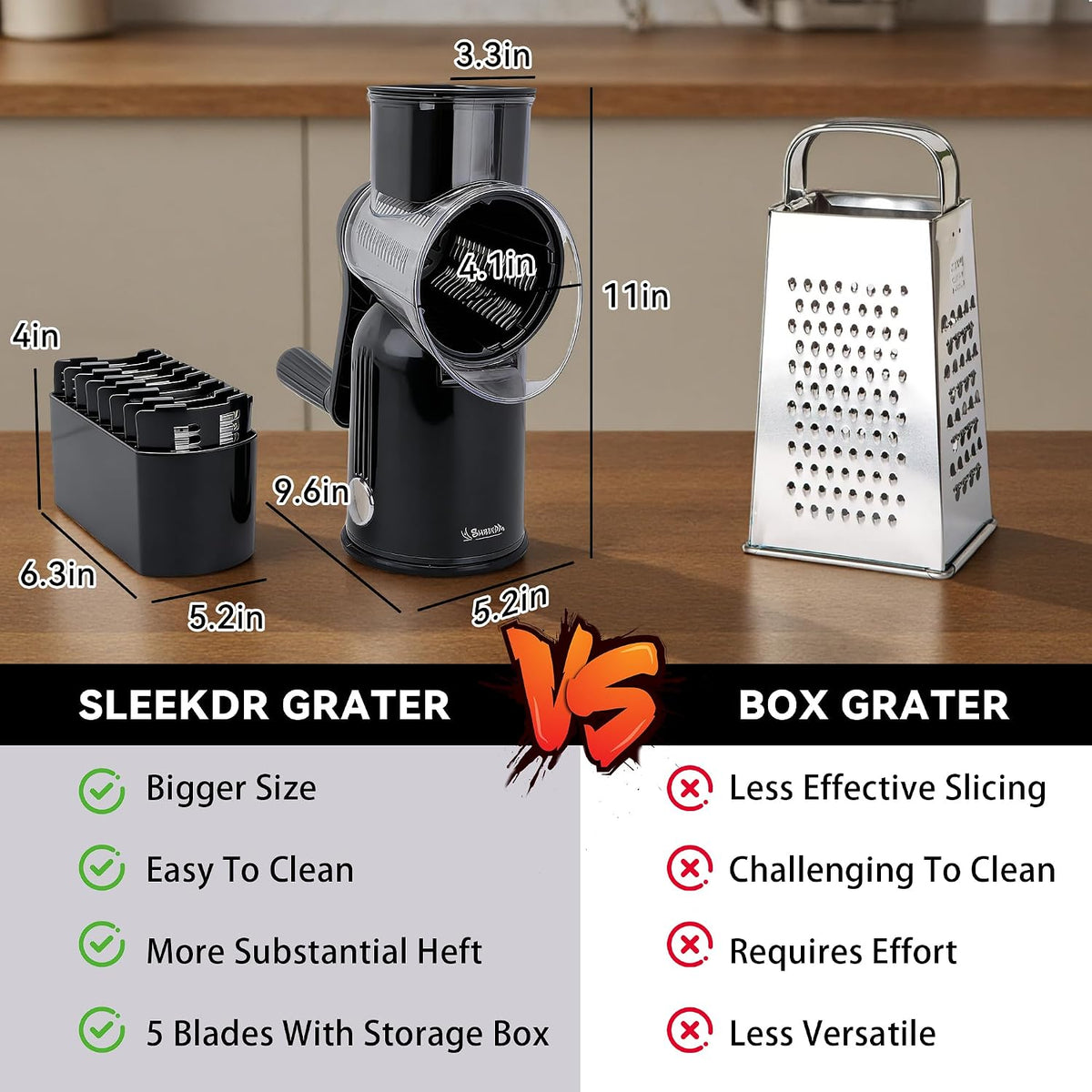 Rotary Cheese Grater with Handle, 5-Blade Cheese Shredder, BPA-Free (Black) | Cheese Grater Hand Crank Slices, Shreds & Grates – Features Strong Suction Base, Stainless-Steel Blades & Easy Clean-Up