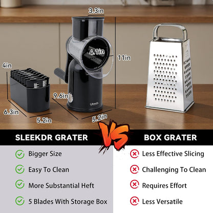 Rotary Cheese Grater with Handle, 5-Blade Cheese Shredder, BPA-Free (Black) | Cheese Grater Hand Crank Slices, Shreds & Grates – Features Strong Suction Base, Stainless-Steel Blades & Easy Clean-Up