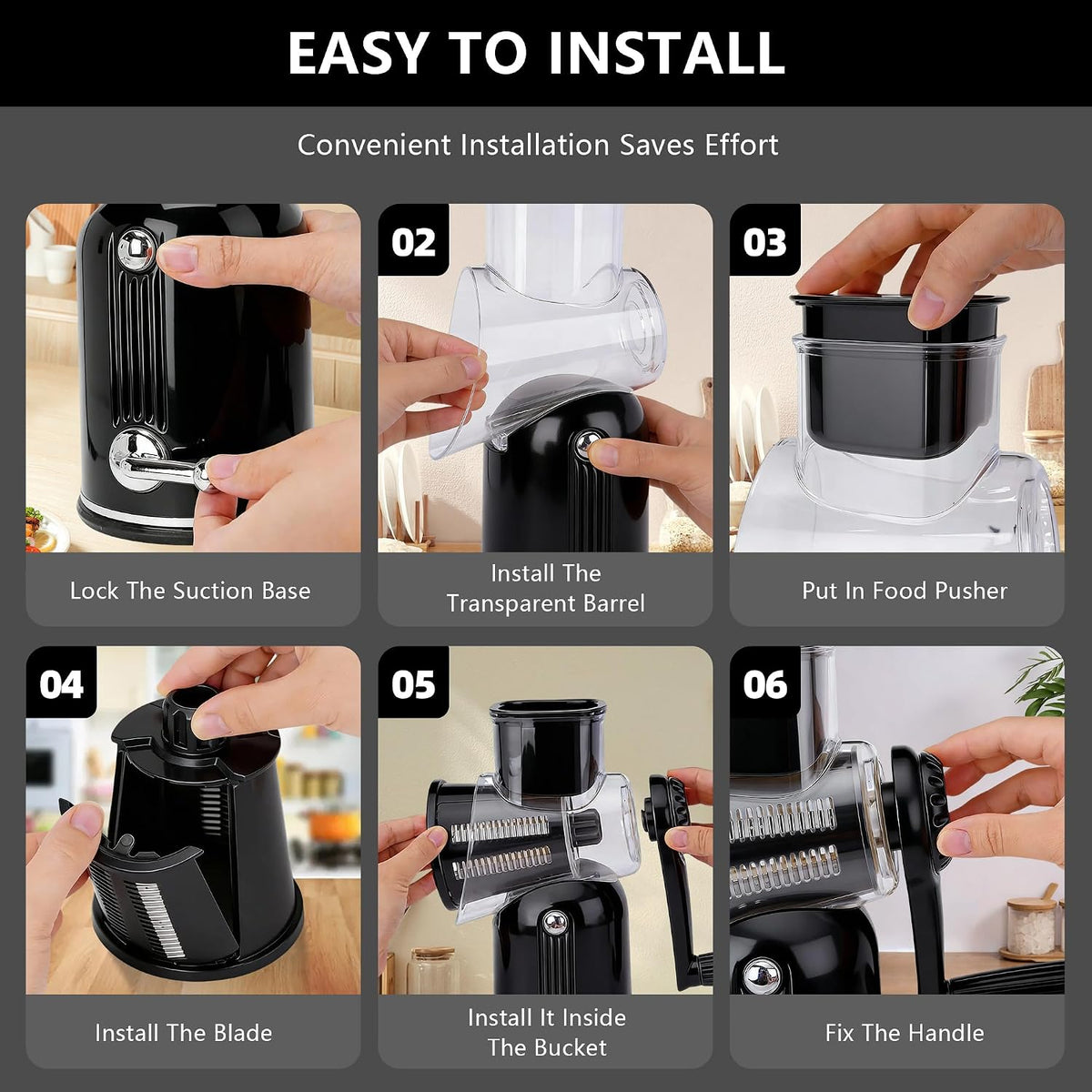 Rotary Cheese Grater with Handle, 5-Blade Cheese Shredder, BPA-Free (Black) | Cheese Grater Hand Crank Slices, Shreds & Grates – Features Strong Suction Base, Stainless-Steel Blades & Easy Clean-Up