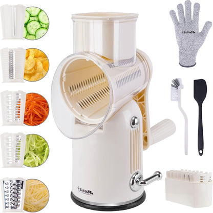 Rotary Cheese Grater with Handle, 5-Blade Cheese Shredder, BPA-Free (Black) | Cheese Grater Hand Crank Slices, Shreds & Grates – Features Strong Suction Base, Stainless-Steel Blades & Easy Clean-Up