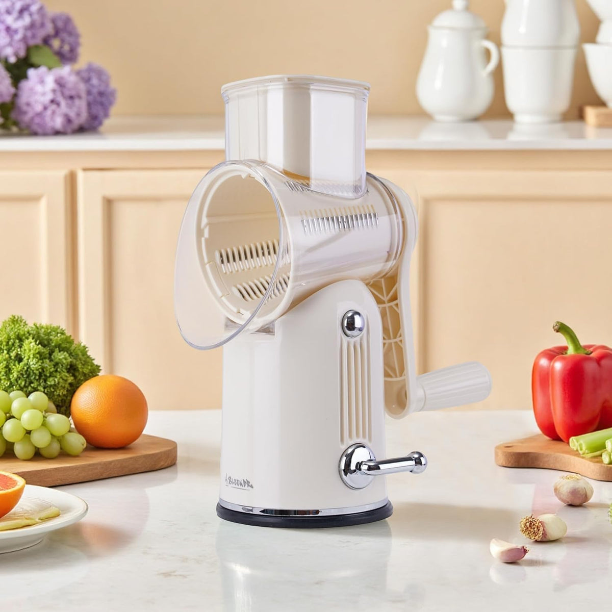 Rotary Cheese Grater with Handle, 5-Blade Cheese Shredder, BPA-Free (Black) | Cheese Grater Hand Crank Slices, Shreds & Grates – Features Strong Suction Base, Stainless-Steel Blades & Easy Clean-Up