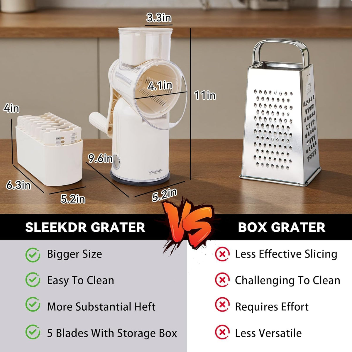 Rotary Cheese Grater with Handle, 5-Blade Cheese Shredder, BPA-Free (Black) | Cheese Grater Hand Crank Slices, Shreds & Grates – Features Strong Suction Base, Stainless-Steel Blades & Easy Clean-Up