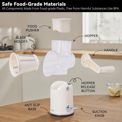 Rotary Cheese Grater with Handle, 5-Blade Cheese Shredder, BPA-Free (Black) | Cheese Grater Hand Crank Slices, Shreds & Grates – Features Strong Suction Base, Stainless-Steel Blades & Easy Clean-Up