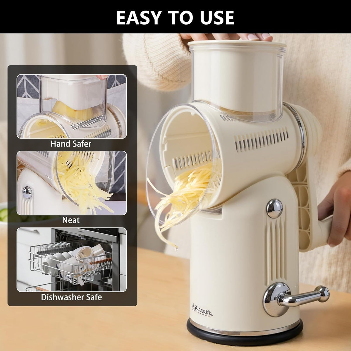 Rotary Cheese Grater with Handle, 5-Blade Cheese Shredder, BPA-Free (Black) | Cheese Grater Hand Crank Slices, Shreds & Grates – Features Strong Suction Base, Stainless-Steel Blades & Easy Clean-Up