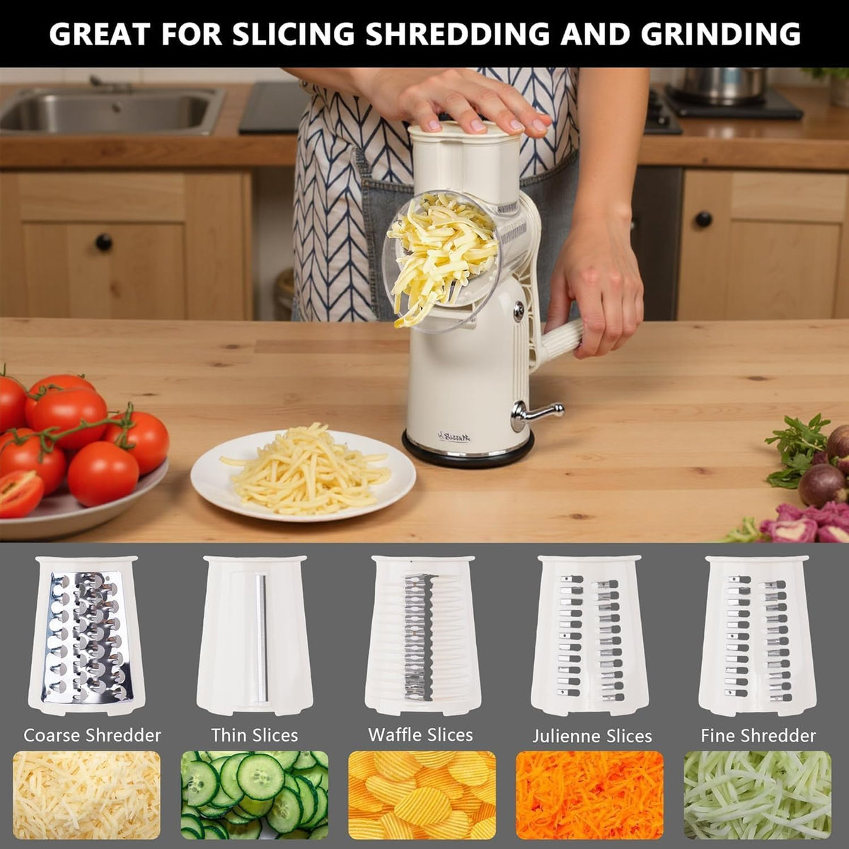Rotary Cheese Grater with Handle, 5-Blade Cheese Shredder, BPA-Free (Black) | Cheese Grater Hand Crank Slices, Shreds & Grates – Features Strong Suction Base, Stainless-Steel Blades & Easy Clean-Up